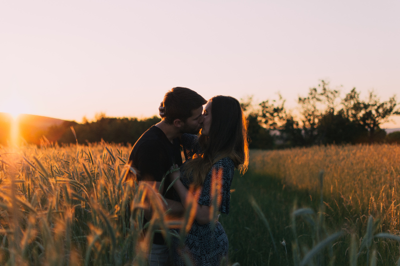 ett kärleksfullt par utbyter kyssar i ett vetefält